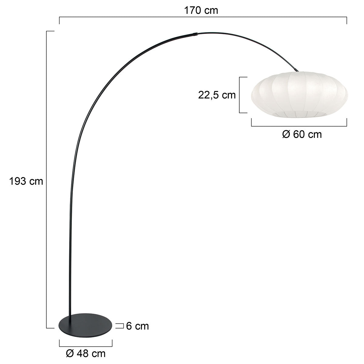 Модерна аркова подова лампа Anne Lighting Curve – черна с бял абажур – чертеж с размери