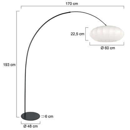Модерна аркова подова лампа Anne Lighting Curve – черна с бял абажур – чертеж с размери
