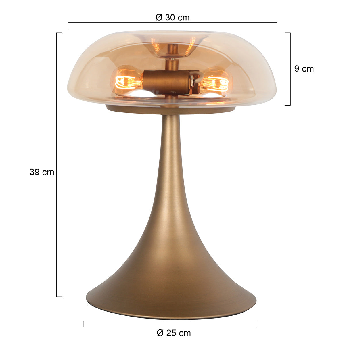 Bronzová stolná lampa s jantárovým sklom a dvomi svetelnými bodmi Steinhauer Ancilla – rozmerový nákres