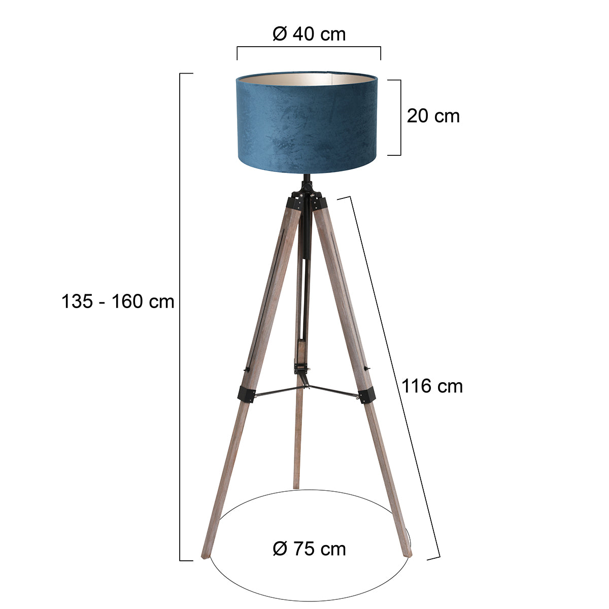 Czarna drewniana lampa podłogowa z niebieskim abażurem Mexlite Triek – rysunek z wymiarami