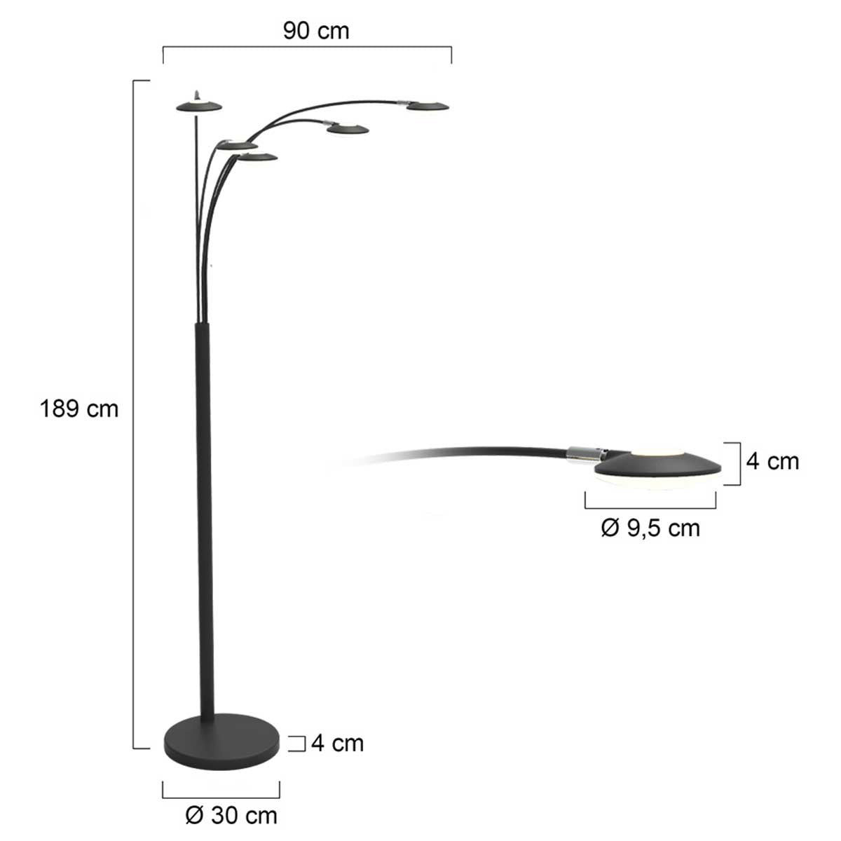 Modern fekete LED állólámpa Mexlite Synna – méretrajz