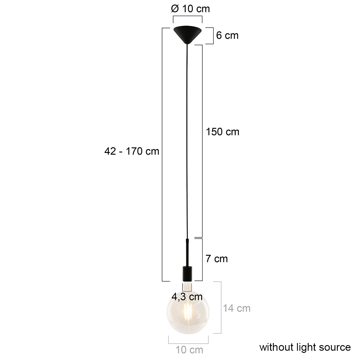 Zwarte metalen hanglamp Mexlite Minimalics – maattekening