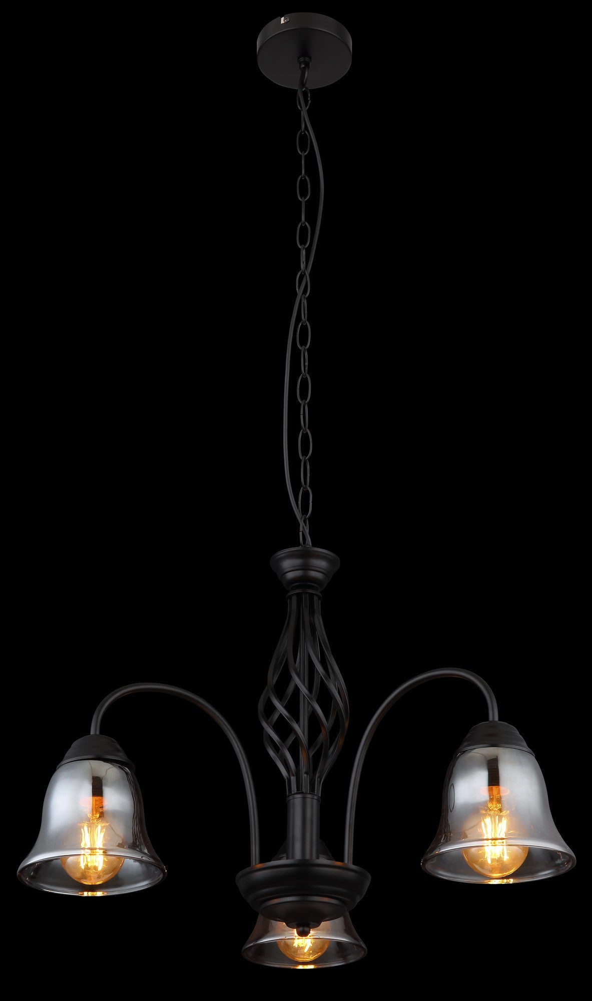 Zwarte metalen hanglamp met drie rookglazen kappen en gebogen armen – afbeelding 3