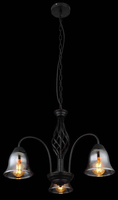 Zwarte metalen hanglamp met drie rookglazen kappen en gebogen armen – afbeelding 3
