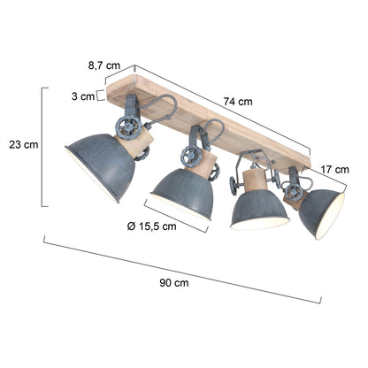 Industrialny spot sufitowy Gearwood Mexlite, 4-punktowy – rysunek z wymiarami