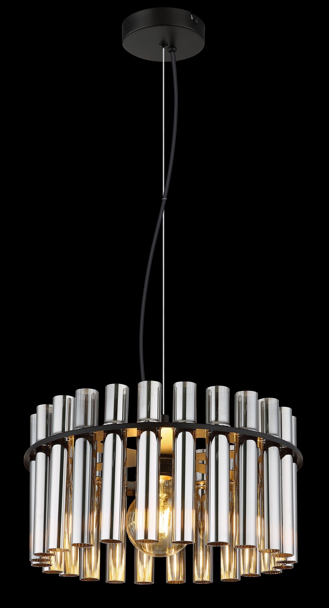 Zwarte metalen hanglamp met rookglazen buizen en ronde vorm – afbeelding 3