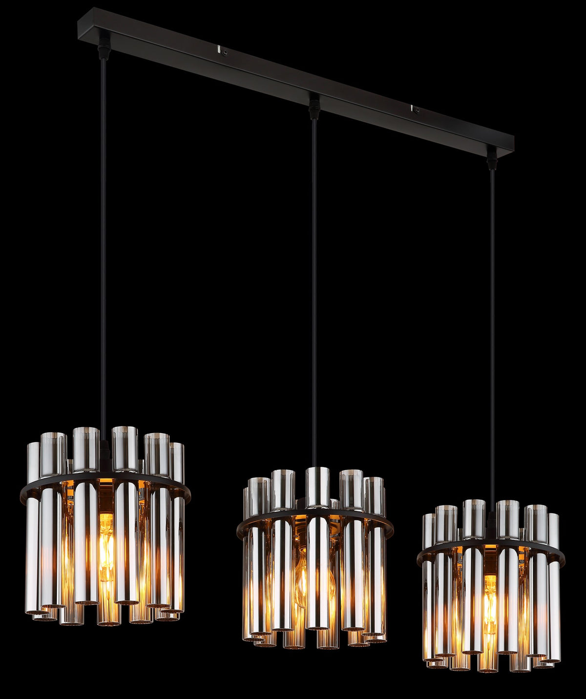 Zwarte metalen hanglamp met geribbelde rookglazen kappen – afbeelding 4