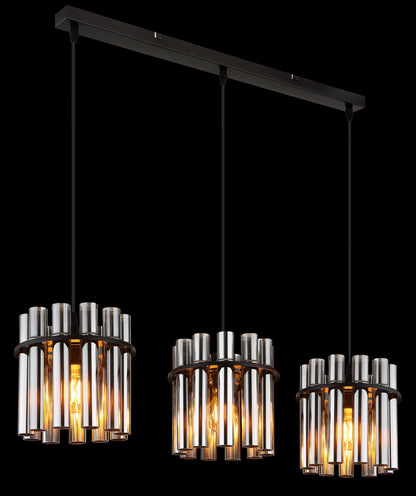 Zwarte metalen hanglamp met geribbelde rookglazen kappen – afbeelding 4