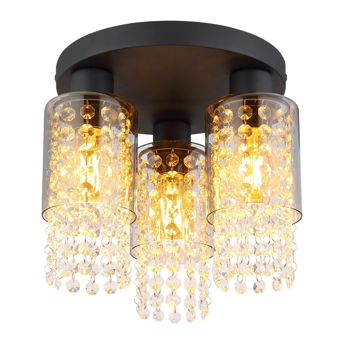 Zwarte metalen plafondlamp met drie rookglazen kokers en kristallen hangers