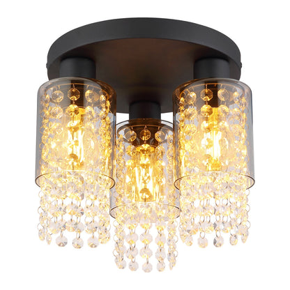 Zwarte metalen plafondlamp met drie rookglazen kokers en kristallen hangers