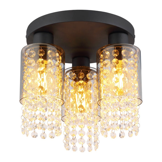 Zwarte metalen plafondlamp met drie rookglazen kokers en kristallen hangers