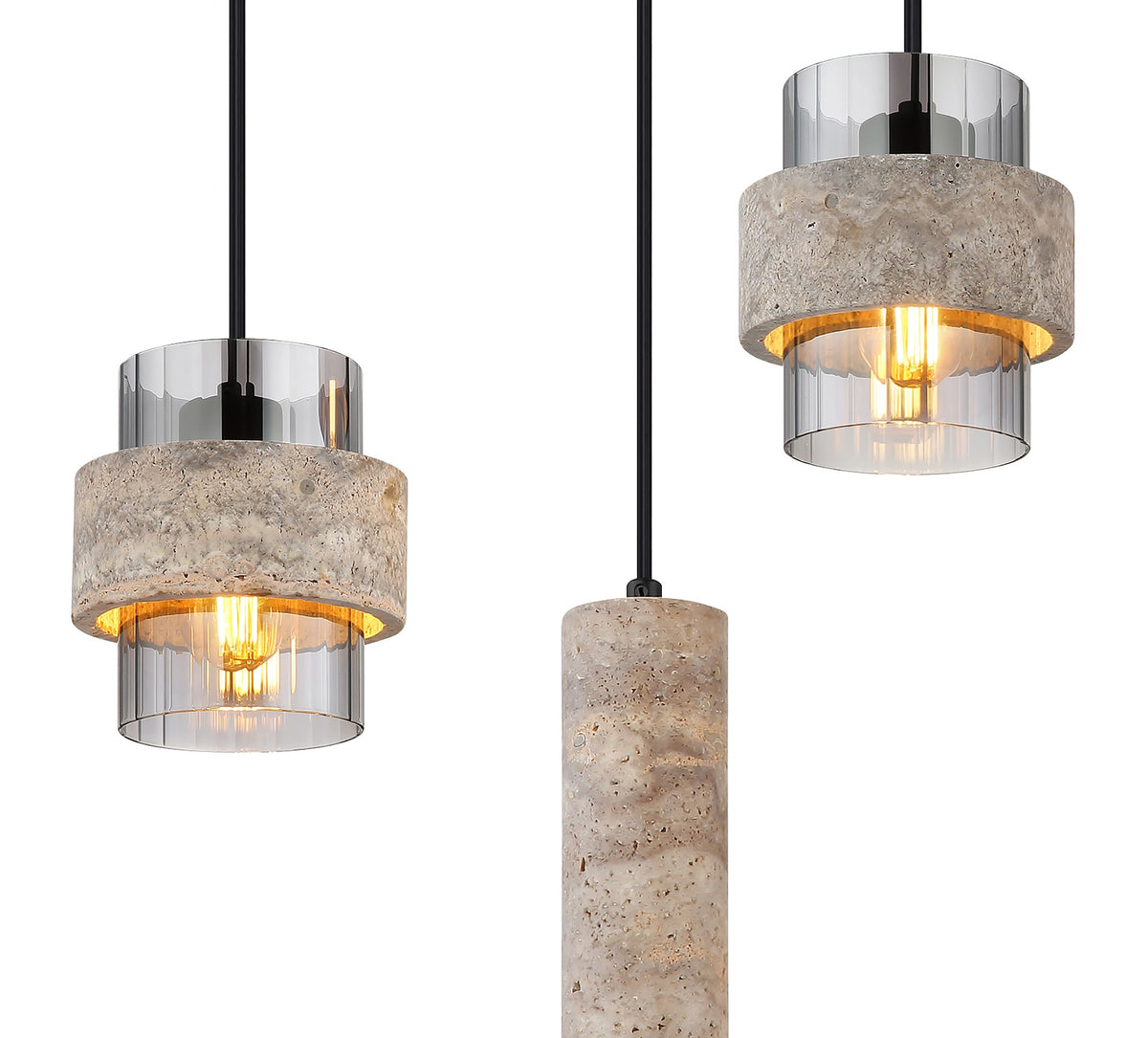 Zwarte metalen hanglamp met stenen cilinderkappen en rookglazen kokers – afbeelding 3