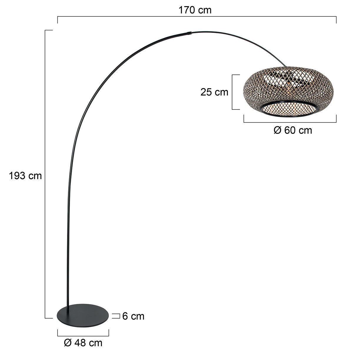 Anne Lighting Curve Black Arc Floor Lamp with Natural Shade – dimension drawing