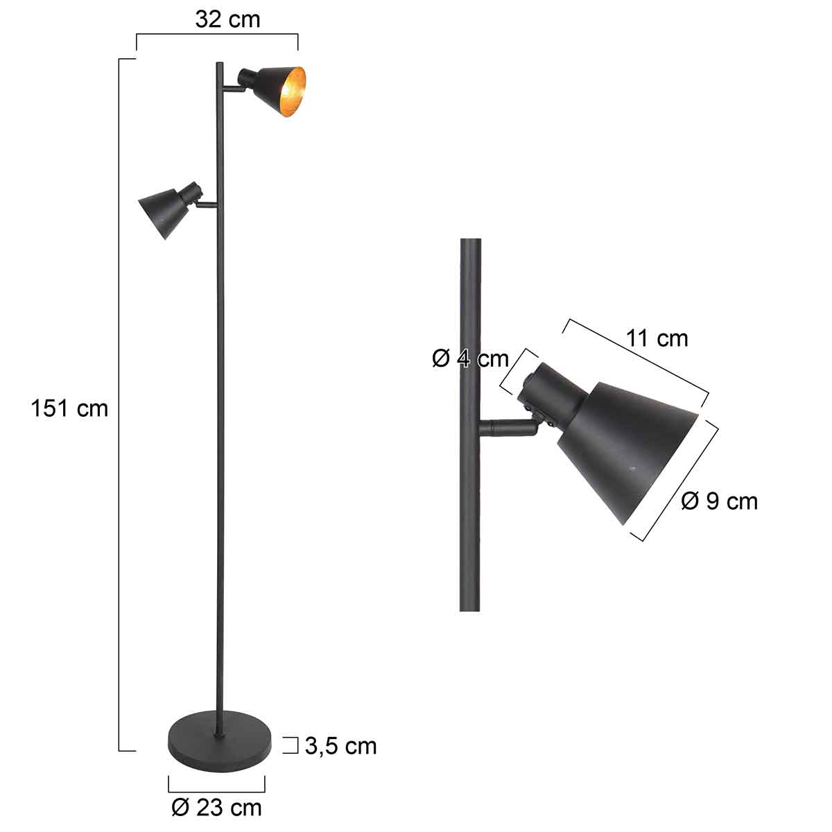 Black Retro Metal Floor Lamp Mexlite Oeroe – dimension drawing