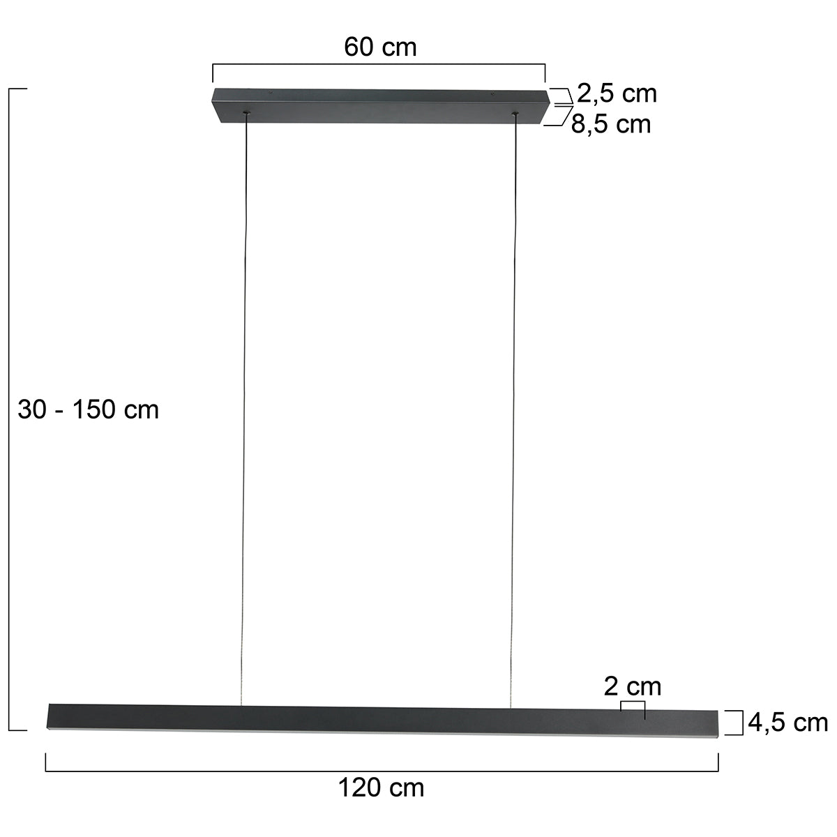 Черна дизайнерска висяща лампа Mexlite BrightLine с Up/Downlight – чертеж с размери