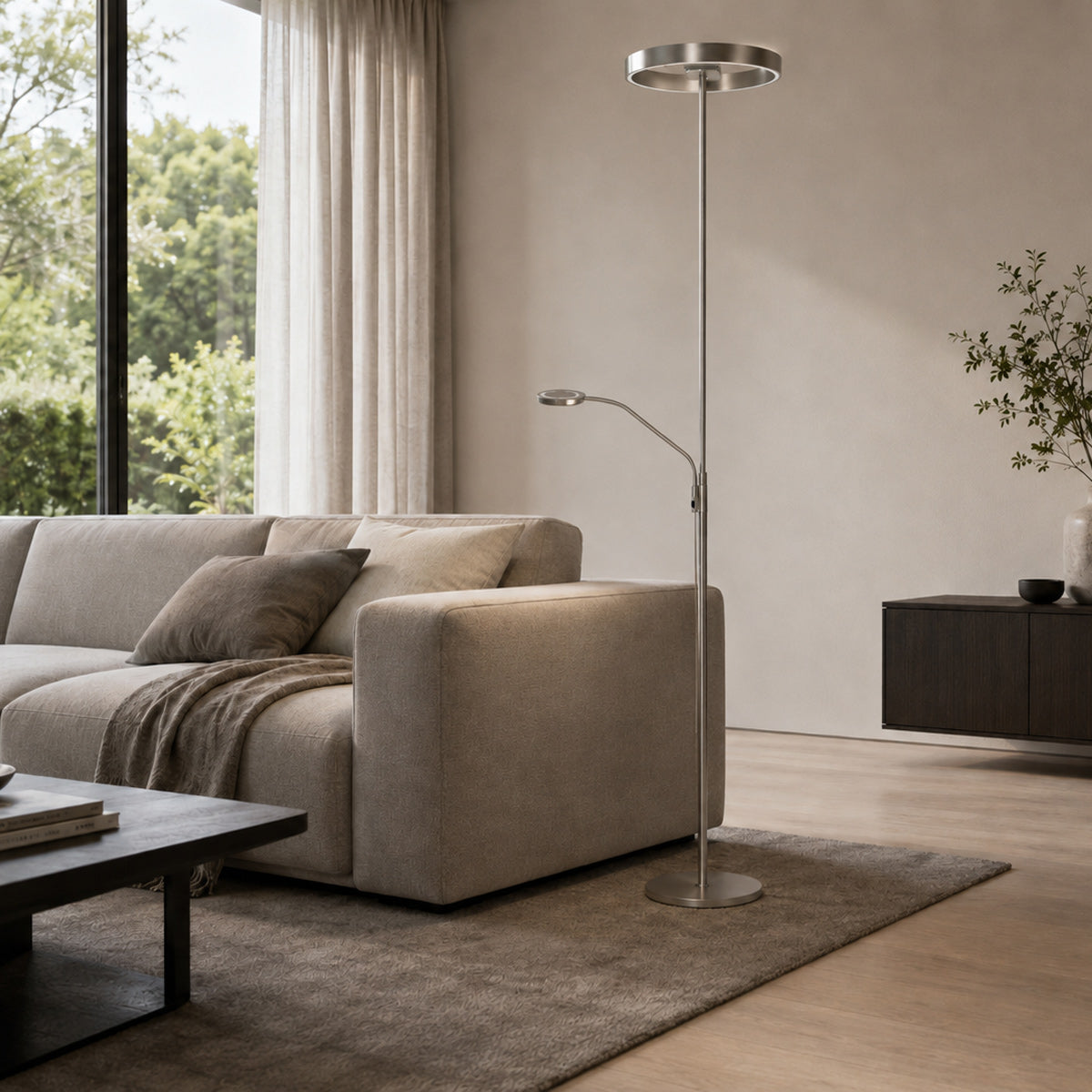 Ocelová stojací lampa Soleil 2 s uplight a čtecím ramenem – obrázek 2
