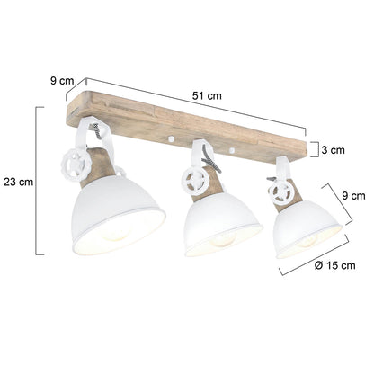 Mexlite Gearwood 3-lichts plafondspot wit met hout – maattekening