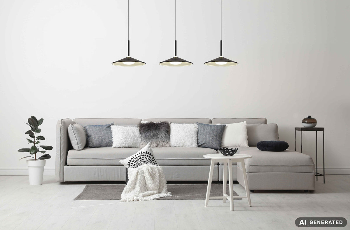 Zwarte metalen hanglamp met brede balk en drie platte schijven – afbeelding 4