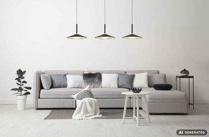 Zwarte metalen hanglamp met brede balk en drie platte schijven – afbeelding 4